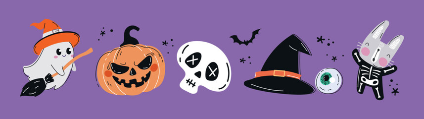 Set of Hallooween. Collection of stickers for social networks. Ghost, skeleton skull, witch hat and eye, pumpkin, and rabbit in suit. Cartoon flat vector illustrations isolated on violet background