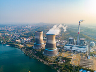 At dusk, the thermal power plants  , Cooling tower of nuclear power plant Dukovany