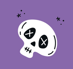 Scary scull icon. Halloween social media stickers. Graphic elements for website, badge for bag. Skeleton head, fictional character. Traditional holiday of fear. Cartoon flat vector illustration