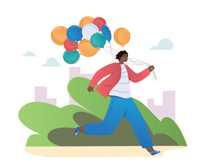 Happy woman with balloons. Young person goes to event, celebrates holiday. Active lifestyle and walk in park. Birthday greeting or invitation postcard design. Cartoon flat vector illustration