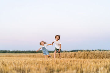 Happy and free people, children run through the beveled field of wheat