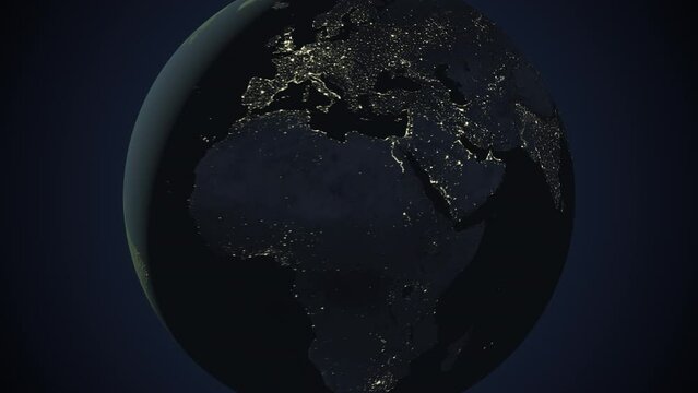 Seamless looping animation of the earth at night zooming in to the 3d map of Iran with the capital and the biggest cites in 4K resolution