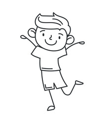 Black hand drawn boy. Stickers for social networks. Child pulls his hands up, optimism and positivity. Happy character smiles. Minimalistic childrens drawing. Cartoon flat vector illustration