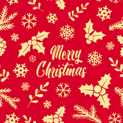 Winter seamless pattern with mistletoe, snowflakes and text Merry Christmas as background or design for congratulation card. Endless repeating texture as wallpaper, fabric print, pattern fills.