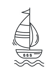 Black hand drawn boat. Stickers for social networks. Ship sails on waves, sea voyages and adventures. Transportation in ocean, summer time of year. Creativity and art. Cartoon flat vector illustration