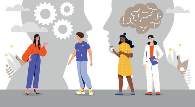 Linguistics as language. Communication and interaction of people from different countries. Characters evaluate work of brain. Speech analysis for global understanding. Cartoon flat vector illustration