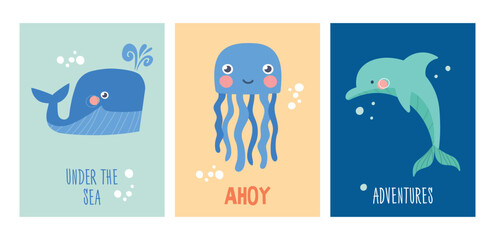 Sea life set. Collection of posters, banners and covers with representatives of underwater world. Dolphin, jellyfish and whale. Cartoon flat vector illustrations isolated on white background