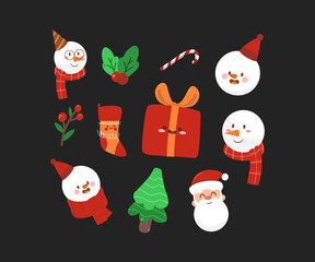 Cute merry christmas celebration flat doodle illustration set.