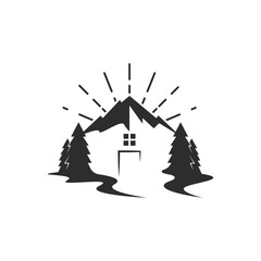mountain and pines tree cabin icon vector illustration concept design template
