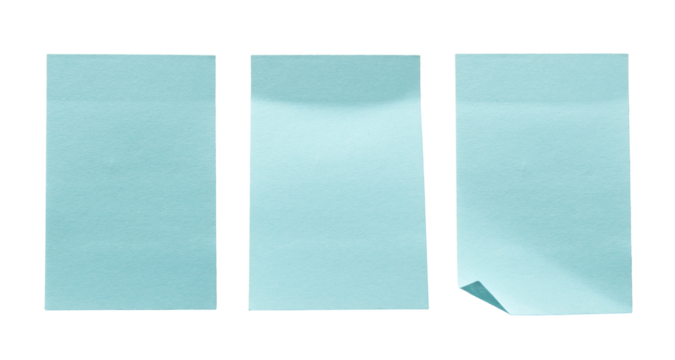 Blue sticky notes in old and new conditions. People use these small pieces of paper as a reminder or space for new creative ideas.
