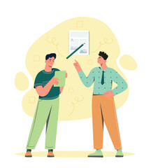 Man with recap. Young guy shows his portfolio, employer and candidate for vacancy. HR manager interviewing newcomer, expanding staff and recruiting to company. Cartoon flat vector illustration