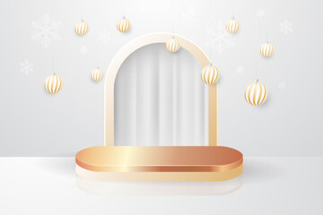 Luxury gold podium with christmas balls for product display on white background
