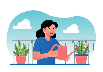 Woman growing houseplants. Young girl watering flowers from watering can. Comfort and coziness at home, love for nature and responsible society. Person at balcony. Cartoon flat vector illustration