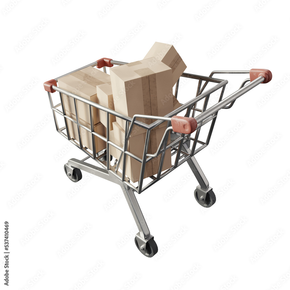Poster shopping cart with package box, 3d rendering