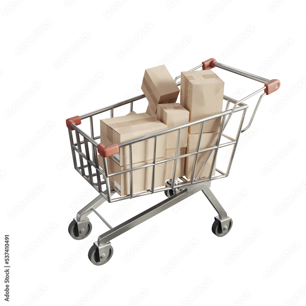 Poster shopping cart with package box, 3d rendering