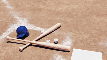baseball bat and ball on homebase, 3d rendering