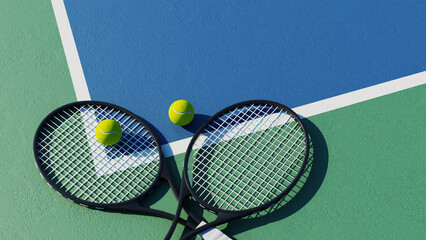 two tennis racket and ball on court, 3d rendering