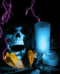 , surrounded by dead leaves and unlit candles. Digital lightning is added for artistic effect
