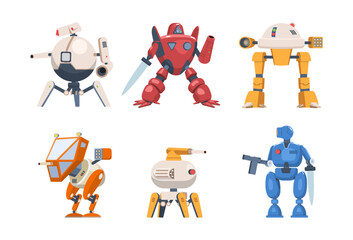 Set of War robots. Characters with modern futuristic exoskeletons or battle armor. Droids with innovative weapons. Design elements for game. Cartoon flat vector collection isolated on white background