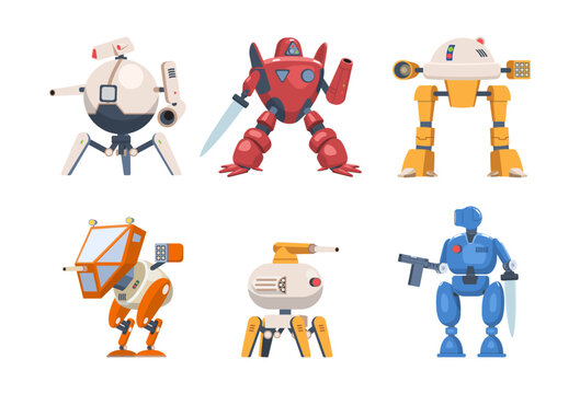 Set of War robots. Characters with modern futuristic exoskeletons or battle armor. Droids with innovative weapons. Design elements for game. Cartoon flat vector collection isolated on white background