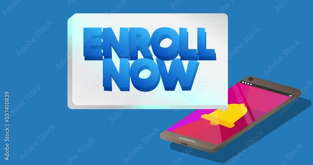 Poster enroll now text on notification bubble from portable information device screen. mobile app message, 