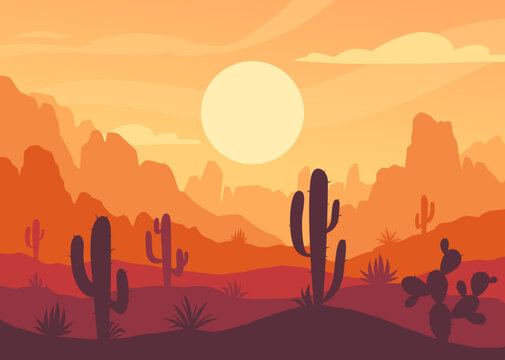 Beautiful desert landscape. Organic background with Western Texas panorama. Banner with silhouettes of mountains, canyons, scorching sun and cacti. Nature of USA. Cartoon flat vector illustration