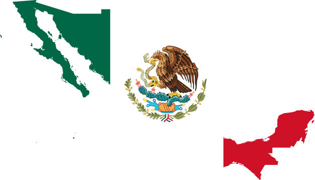 Mexico Map Flag. Mexican Border Boundary Country Shape Nation National Outline Atlas Flag Sign Symbol Banner. Transparent PNG Flattened JPG Flat JPEG