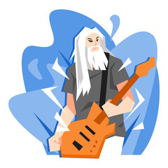 bass guitar player, old man with beard, long hair. blue aesthetic background. music concept, band, shirt design, poster, etc. flat vector illustration