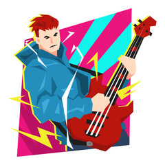 cool young man guitar player, bass player. colorful abstract background, flash effect, spotlight. music themes, art, hobbies, clothes design, stickers, posters, etc. flat vector illustration