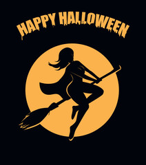 Happy halloween card with witch on broom on yellow moon background