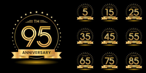 Set of anniversary logotype with golden text, anniversary celebration template design isolated on black background. vector template illustration