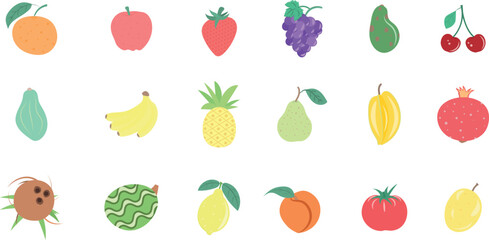 Vector fruit set, tropical fruits orange, apple, strawberry, grape, avocado, cherry, papaya, banana, pineapple, pear, star fruit, pomegranate, coconut, watermelon, lemon, peach, tomato, passion fruit.