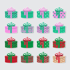 Colorful Gift Boxes with Ribbon Sticker. Set of gift boxes different design on white background vector