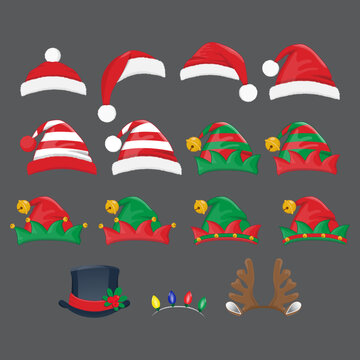 Christmas hat or Xmas different hats, Elf hats, Deer horns and snowman hats in new year holiday vector isolated sign set
