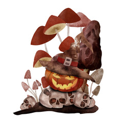 Scary pumpkin in a hat, toadstools, skulls. Watercolor illustration for Halloween
