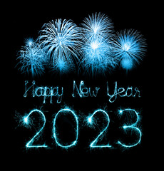 2023 happy new year fireworks celebration written sparkling at night.