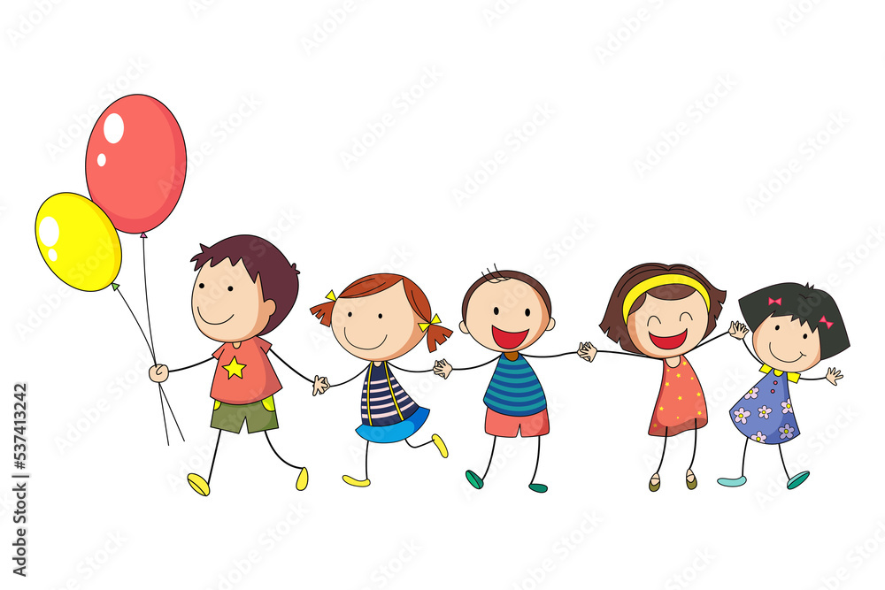 Wall mural group of happy kids holding hands. friendship concept