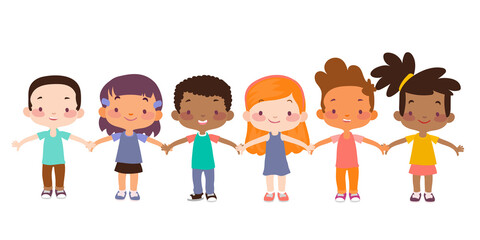 Group of happy kids holding hands. Friendship concept