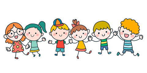 Group of happy kids holding hands. Friendship concept