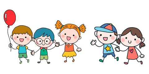 Naklejka premium Group of happy kids holding hands. Friendship concept