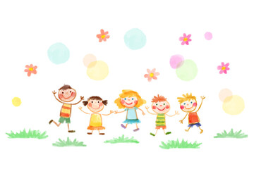Obraz na płótnie Canvas Group of happy kids holding hands. Friendship concept