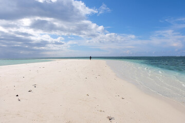 Solo person standing on a remote pristine sandbar tropical island with white sand and turquoise...