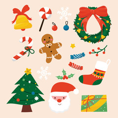 Holiday set with cute characters and decorative Christmas elements. Festive colorful vector illustrations