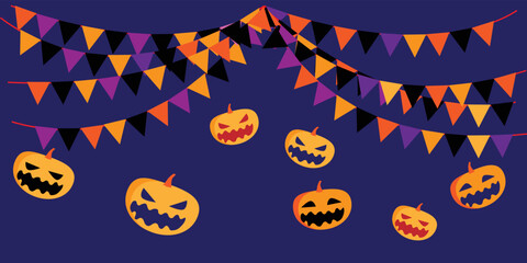 Halloween bunting. Black and orange flag garland. Triangle pennants chain. Party bunting decoration. Celebration flags for decor. Vector background