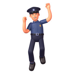 3d render of police officer celebrating success or achievement, jumping in joy