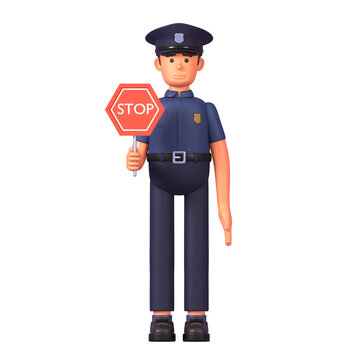 3d render of police officer holding stop sign