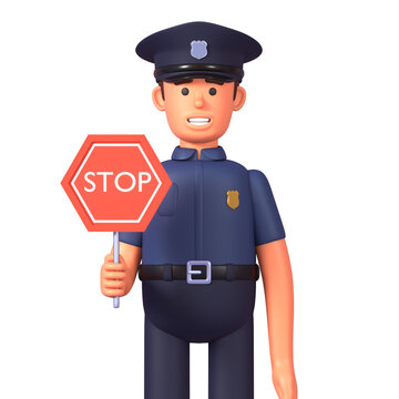 3d render of police officer holding stop sign