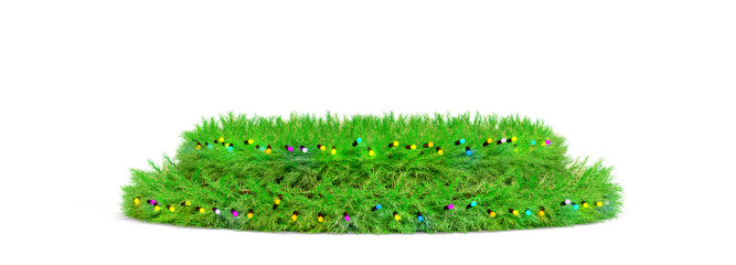 Podium from the branches of a Christmas tree, on transparent background. Christmas pedestal covered with fir branches and garland light. 3D Render