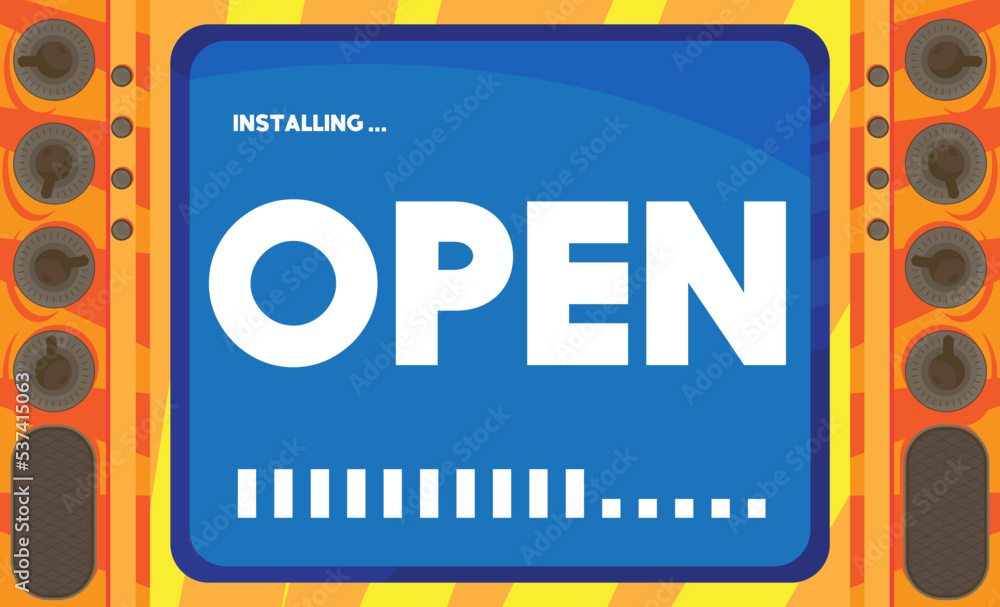 Poster cartoon computer with the word open. message of a screen displaying an installation window.