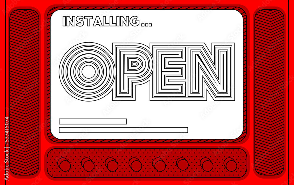 Poster cartoon computer with the word open. message of a screen displaying an installation window.